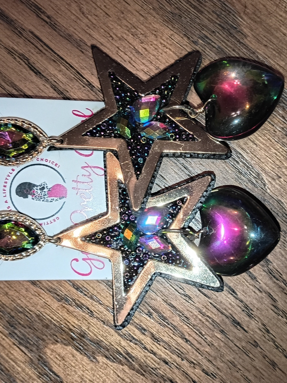 Star and Iridescent Heart Statement Earrings - Multicolor